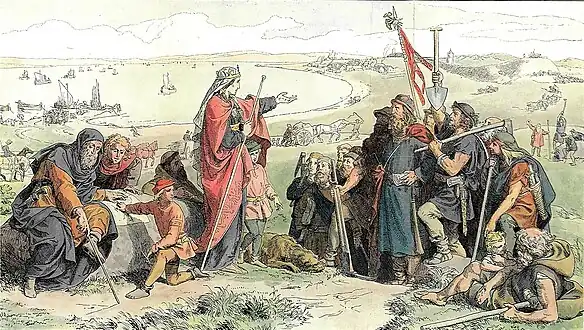 "Thyra Dannebod establishes the Danevirke" by Lorenz Frølich, 1855.
