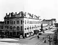 1908 Raymond and Fair Oaks Pasadena, with the Street Car Rail on both streets, with Pasadena National Bank building