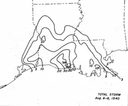 Black and white contoured map showing rainfall amounts as contours, in 3 in (75 mm) increments from 3 in (75 mm) to 30 in (760 mm).