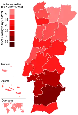 Vote strength for left-wing parties (BE, CDU, LIVRE) by electoral district.