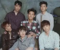 2PM in 2015 Clockwise from top to bottom: Chansung, Taecyeon, Wooyoung, Junho, Nichkhun, and Jun. K