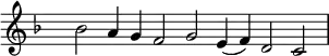{ \key f \major
\set Score.tempoHideNote = ##t
\tempo 2=72
\set Staff.midiInstrument = "english horn"
\override Score.TimeSignature #'transparent = ##t
\override Score.BarNumber #'transparent = ##t
\time 7/2
bes'2 a'4 g' f'2 g' e'4 (f') d'2 c'
}