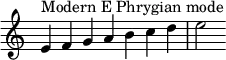 {
\override Score.TimeSignature #'stencil = ##f
\relative c' {
\clef treble \time 7/4
e4^\markup { Modern E Phrygian mode } f g a b c d e2
} }