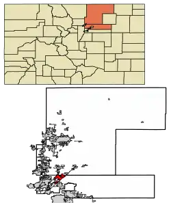 Location within Adams and Weld counties, Colorado