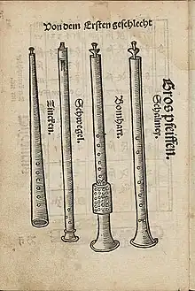 Instruments from Martin Agricola's book "Musica instrumentalis deudsch", published 1529. From left: straight cornett, three-hole pipe, bombard, shawm. The three-hole pipe uses double reeds under a cap, with blowhole.