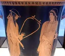 Alcaeus and Sappho holding their lyres and plectra. Attic red-figure calathus, ca. 470 BC, Staatliche Antikensammlungen (Inv. 2416)