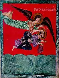 Archangel Michael takes Habakkuk to Daniel in the lion's Den (c. 1300).