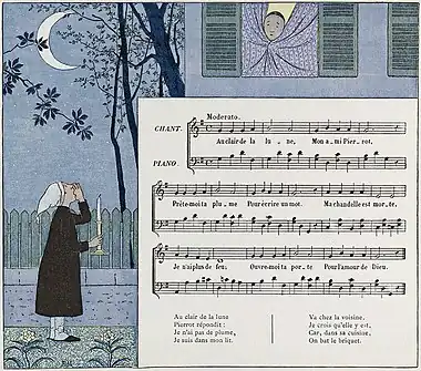 Image 15Au Clair de la LuneImage: Louis-Maurice Boutet de MonvelAudio: Édouard-Léon Scott de Martinville"Au Clair de la Lune", a traditional French folk song, from a 1910s children's book. It is commonly taught to beginner students of various instruments.Listen to: An 1860 recording of the song, which is believed to be the oldest recognizable sound recording of a human voice in existence.More selected pictures