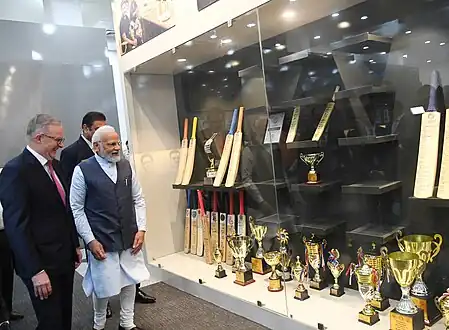 Australian PM Anthony Albanese and Indian PM Narendra Modi at the "Hall of Fame" Museum at the stadium.