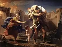 Image 60Eighteenth century painting by Pompeo Batoni depicting Aeneas fleeing from Troy. Aeneas carries his father. (from Founding of Rome)