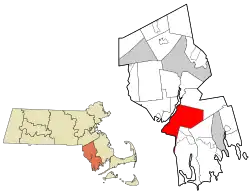 Location of Fall River in Bristol County, Massachusetts