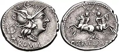 Denarius of Gaius Servilius, 136 BC.  Roma is depicted on the obverse with a wreath behind, while the reverse shows Pulex Geminus facing a foe, under the traits of the Dioscuri.
