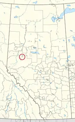 A map of the province of Alberta showing 80 counties and 145 small Indian reserves. One is highlighted with a red circle.