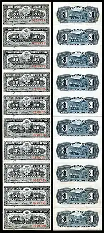 Uncut strip of 20 centavos notes