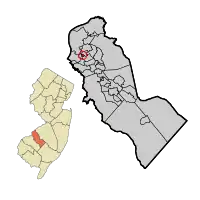 Location of Audubon Park in Camden County highlighted in red (right). Inset map: Location of Camden County in New Jersey highlighted in orange (left).
