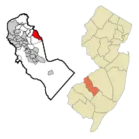 Map of Greentree CDP in Camden County. Inset: Location of Camden County within New Jersey.