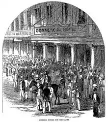 Black and white engraving with well-dressed people and horses