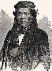 A wood block depiction of a man