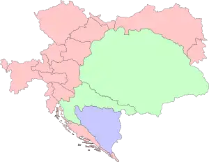 Cisleithania (pink) within Austria-Hungary, the other parts being Transleithania (green) and the Condominium of Bosnia and Herzegovina (blue)