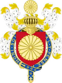 Western arms of Akihito as a Knight of the Garter, using his mon as both a charge and a crest