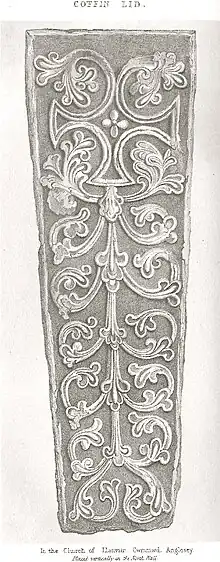 Coffin Lid, Llanfair Cwmmwd, Anglesey. Drawn by Harry Longueville Jones, Arch Camb, 1846 pg 394
