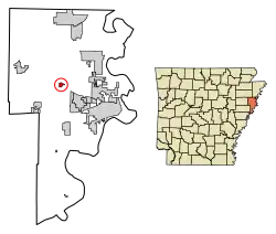 Location of Crawfordsville in Crittenden County, Arkansas.