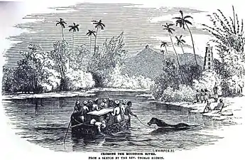 Crossing the Moodoor River, From a sketch by the Rev. Thomas Hodson (March 1851, VIII, p. 26)