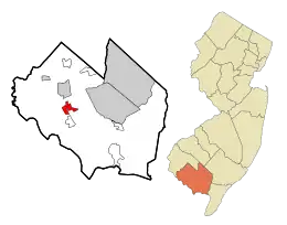Map of Fairton highlighted within Cumberland County. Right: Location of Cumberland County in New Jersey.