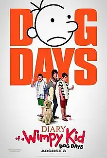 The title Dog Days in large red letters, the letter O replaced by the head of a cartoon character. Under the logo are three boys and a dog.