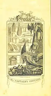 Decorative frontispiece showing a well-stocked larder, with hams and game  hanging, and shelves with puddings, joints and pies