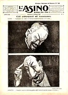 Cover of 30 January 1921 about the XVII Congress of the Italian Socialist Party. The upper part of the cartoon reads: “Lenin: I have finally won! The Italian Socialist Party split...”; the lower part: “Giolitti: The greatest success of my policy! The Italian Socialist Party split..."