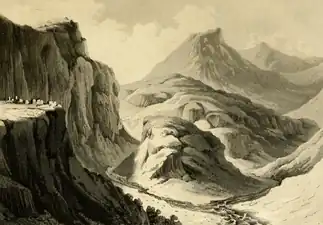 Robert Ker Porter's 1821 drawing of the Garni Gorge. The ruins are on the promontory on the left.