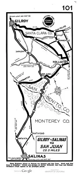 Gilroy to Salinas via San Juan road map, 1916