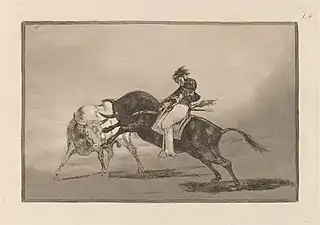 Νο. 24: El mismo Ceballos montado sobre otro toro quiebra rejones en la plaza de Madrid ("The same Ceballos, riding another bull, breaks the "rejones" in Madrid's Plaza")