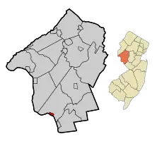Location of Stockton in Hunterdon County highlighted in red (left). Inset map: Location of Hunterdon County in New Jersey highlighted in orange (right).