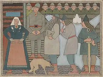 Arrival of Väinämöinen, Ilmarinen and Lemminkäinen at Pohjola, tempera by Joseph Alanen [fi]