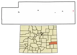 Location of the Towner CDP in Kiowa County, Colorado.