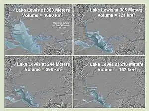 This photo shows four profiles of Lake Lewis at various flood levels. It illustrates that the lake back flooded several valleys in which the Touchet Beds were found.