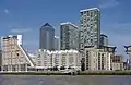 Cascades and Canary Wharf viewed from River Thames. August 2013.