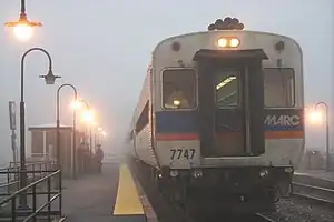 MARC train on a foggy morning at Brunswick, Maryland