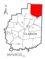 Map of Clarion County, Pennsylvania highlighting Farmington Township