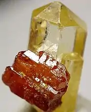 Gemmy mimetite with a "sidecar" of wulfenite, 2 x 1 x 1 cm.