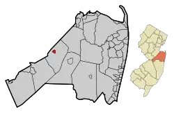 Location of Englishtown in Monmouth County highlighted in red (left). Inset map: Location of Monmouth County in New Jersey highlighted in orange (right).