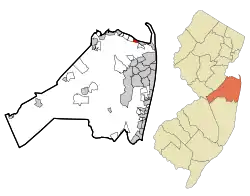 Location of Leonardo in Monmouth County highlighted in red (left). Inset map: Location of Monmouth County in New Jersey highlighted in orange (right).