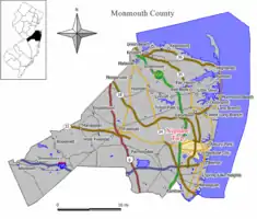 Location of Neptune Township in Monmouth County highlighted in yellow (right). Inset map: Location of Monmouth County in New Jersey highlighted in black (left).
Interactive map of Neptune Township, New Jersey