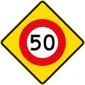 (W10-3) 50&nbsp;km/h speed limit ahead