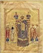 Seated figure on throne, crowned and dressed in blue and gold, flanked by four courtiers in red and, above the throne, two angel-like figures