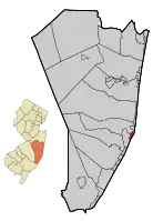 Location of Barnegat Light in Ocean County highlighted in red (right). Inset map: Location of Ocean County in New Jersey highlighted in orange (left).