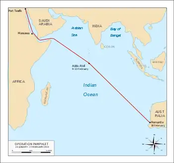 Map of the Indian Ocean region marked with the route taken by the ships involved in Operation Pamphlet as described in the article