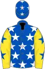 Royal blue, white stars, yellow sleeves, blue stars, blue cap, white stars